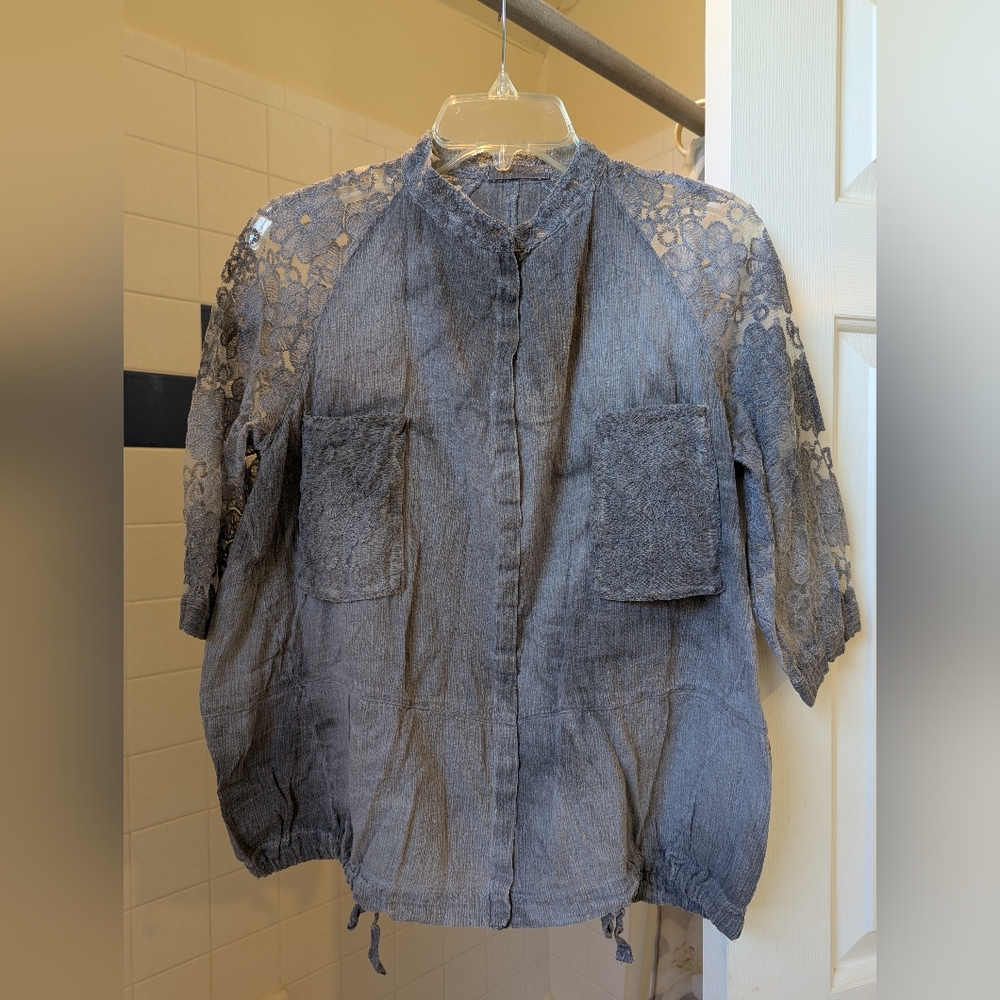 Bohemian Gray Linen Cotton Button Up Blouse with Lace Sleeve Size L
